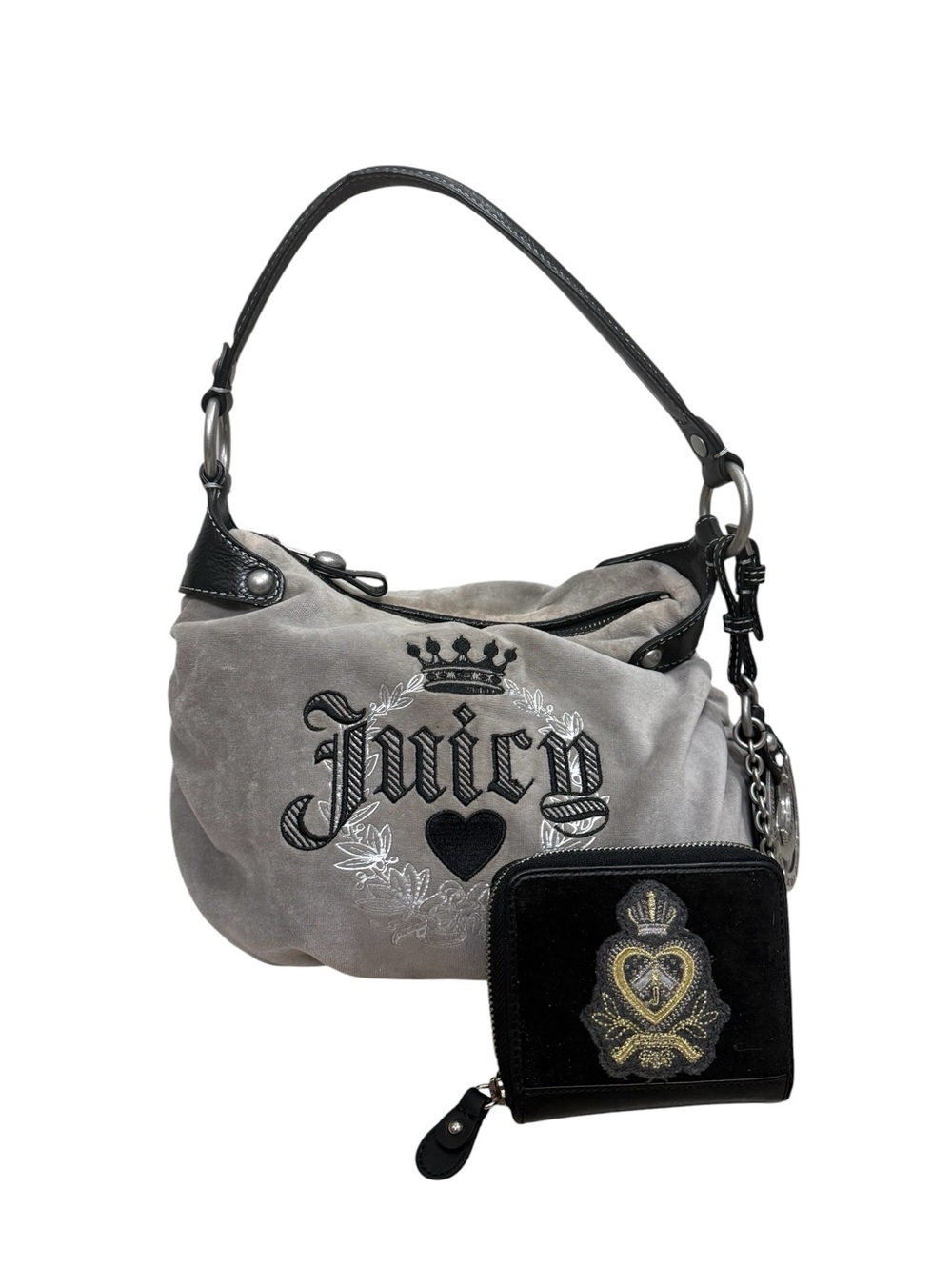Vintage Juicy Couture Y2K 2000s Gray Velour Hobo Shoulder Bag Wallet Set Lux